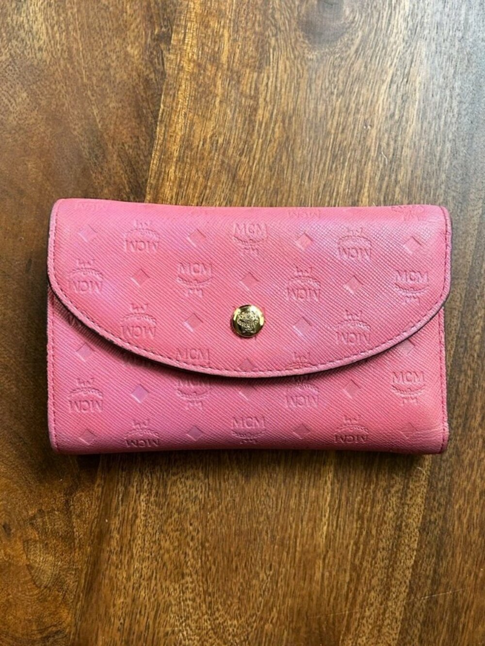 MCM Calfskin Monogram Tri-Fold Wallet, Pink